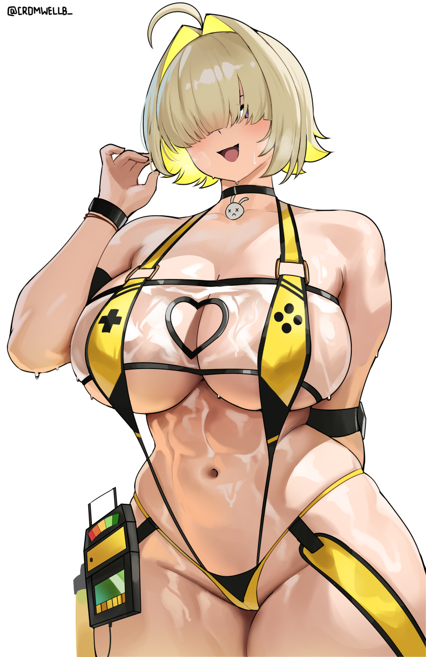 1girl big_breasts blonde_hair bubble_butt cleavage cromwellb elegg_(nikke) goddess_of_victory:_nikke horny inviting_to_sex pose purple_eyes standing teasing thick_thighs