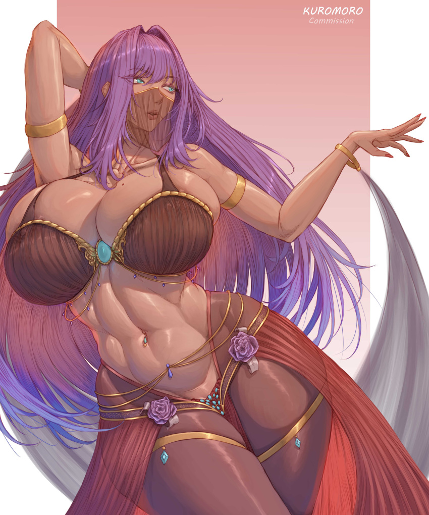 1girl big_breasts blue_eyes bubble_butt cleavage dark-skinned_female horny inviting_to_sex kuromoro pose purple_hair standing teasing thick_thighs