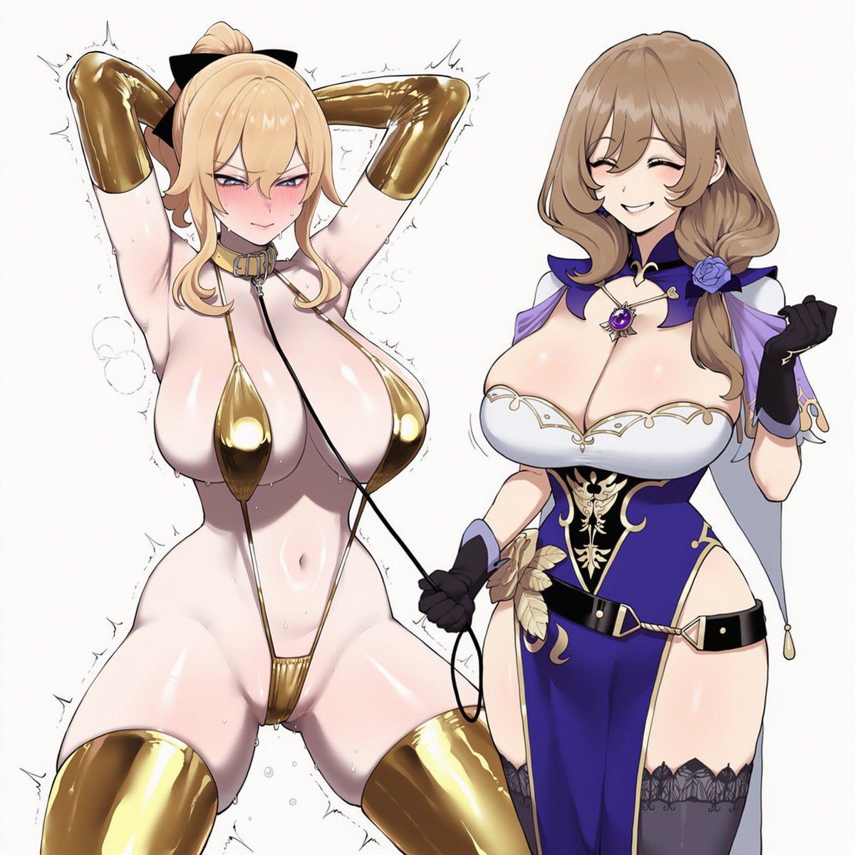 2_girls ai_generated assertive assertive_female big_breasts blonde_hair blue_eyes bondage breasts closed_eyes collar duo female_only flower_in_hair genshin_impact golden_bikini hair_ornament huge_breasts jean_gunnhildr leash light-skinned_female lisa_(genshin_impact) multiple_girls nervous purple_clothing smiling_at_partner stockings submissive submissive_female thick_thighs truck-kun_art wide_hips