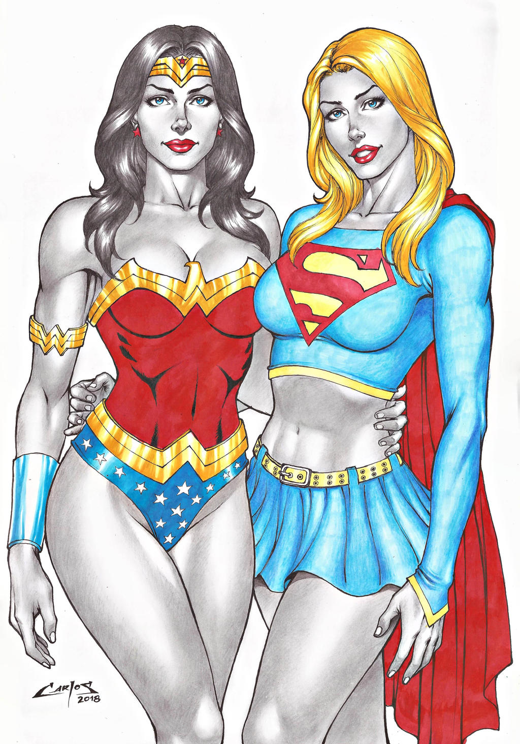 2_girls amazon arm_at_side armlet bangs bare_legs bare_shoulders belt big_breasts black_hair blonde_female blonde_hair blue_eyes blue_leotard blue_shirt blue_skirt bracer breasts cape carlos_braga cleavage closed_mouth collarbone couple crossed_legs crossed_legs_(standing) dc_comics dcau diana_prince duo earrings female/female female_only grin head_tilt heroine highleg highleg_leotard hugging jewelry justice_league justice_league_unlimited kara_zor-el kryptonian legs leotard lips lipstick long_hair long_sleeves looking_at_viewer love makeup midriff miniskirt mound_of_venus multicolored_clothes multicolored_leotard multiple_girls mutual_yuri nail_polish naughty_face navel neck parted_bangs parted_lips pleated_skirt red_cape red_earrings red_leotard red_lipstick romantic romantic_couple shirt side-by-side simple_background skirt smile standing star star_(symbol) star_earrings star_print straight_hair strapless strapless_leotard supergirl supergirl_(series) superhero_costume superheroine superman_(series) swept_bangs themysciran thighs tiara two-tone_leotard white_background white_nails wonder_woman wonder_woman_(series) yellow_belt yuri