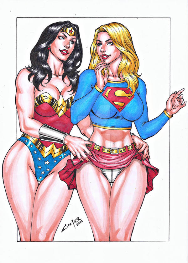 2_girls amazon bangs bare_arms bare_legs bare_shoulders belt big_breasts black_hair blonde_female blonde_hair blue_eyes blue_leotard blue_shirt bracer breasts carlos_braga cleavage collarbone couple dc_comics dcau diana_prince duo earrings female/female female_only grin hands_up head_tilt heroine highleg highleg_leotard jewelry justice_league justice_league_unlimited kara_zor-el kryptonian legs legs_together leotard lips lipstick long_hair long_sleeves looking_at_another love makeup medium_breasts midriff miniskirt mound_of_venus multicolored_clothes multicolored_leotard multiple_girls mutual_yuri naughty_face navel neck panties parted_bangs parted_lips pleated_skirt red_earrings red_leotard red_lipstick red_skirt romantic romantic_couple shirt side-by-side simple_background skirt skirt_lift smile standing star star_(symbol) star_earrings star_print straight_hair strapless strapless_leotard supergirl supergirl_(series) superhero_costume superheroine superman_(series) swept_bangs themysciran thick_thighs thighs tiara two-tone_leotard underwear upskirt white_background white_panties white_underwear wonder_woman wonder_woman_(series) yellow_belt yuri