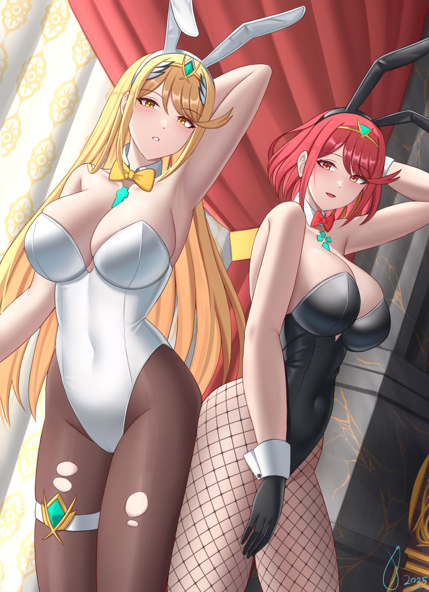 2girls absurd_res alluring animal_ear_hairband animal_ears big_breasts black_gloves black_leotard black_pantyhose blonde_hair bow bowtie chest_jewel cleavage core_crystal_(xenoblade) detached_collar fake_animal_ears fishnet_pantyhose fishnets ghonky gloves hairband high_res leotard long_hair multiple_girls mythra_(xenoblade) pantyhose playboy_bunny pyra_(xenoblade) rabbit_ears red_eyes red_hair short_hair strapless strapless_leotard swept_bangs torn_clothes torn_pantyhose white_leotard wrist_cuffs xenoblade_(series) xenoblade_chronicles_2 yellow_bow yellow_bowtie yellow_eyes