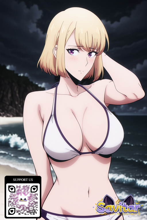 1girl 1girl 1girl ai_generated bangs beach big_breasts bikini blonde_hair blush breasts cleavage closed_mouth clothing littlehentai looking_at_viewer navel night ocean outside purple_eyes savitar savitar_(artist) short_hair sky swimsuit waves white_bikini white_swimsuit