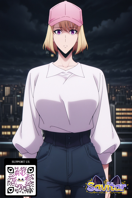 1girl 1girl 1girl ai_generated baseball_cap big_breasts blonde_hair breasts clothing denim hat headwear jeans littlehentai looking_at_viewer night pants pink_headwear purple_eyes savitar savitar_(artist) shirt short_hair text white_shirt