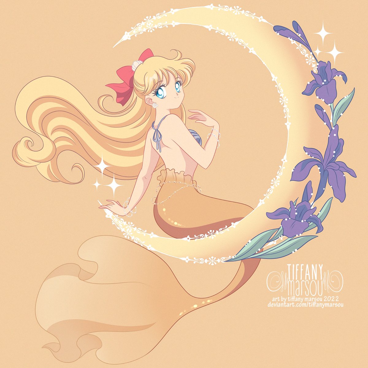 1girl alluring artist_name bishoujo_senshi_sailor_moon blonde_hair deviantart_username flower high_res medium_breasts mermaid minako_aino seashell_bra tiffany_marsou
