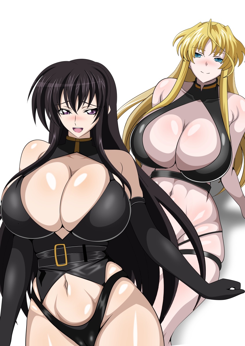 2_girls alluring amano_yuuma big_breasts black_hair blonde_hair blue_eyes cleavage elbow_gloves high_school_dxd lingerie_outfit mittelt purple_eyes yxyyxy