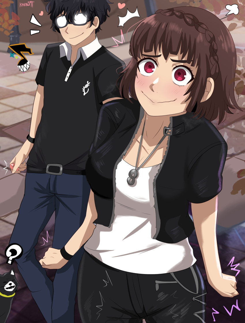 1boy 1girl 1girls black_hair blush breasts brown_hair glasses karbuitt makoto_niijima male morgana morgana_(persona_5) necklace persona persona_5 red_eyes ren_amamiya sega short_hair vibrator vibrator_under_clothes