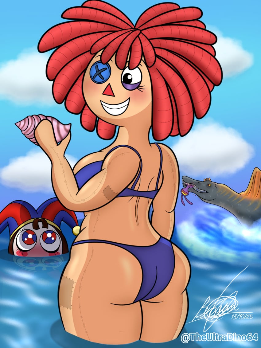 1boy 1girl 2_girls ass ass_focus beach big_ass bikini breasts button_eyes digital_circus dinosaur doll female_only glitch_productions huge_ass jax_(the_amazing_digital_circus) pomni_(the_amazing_digital_circus) ragatha_(the_amazing_digital_circus) swimsuit the_amazing_digital_circus theultradino64