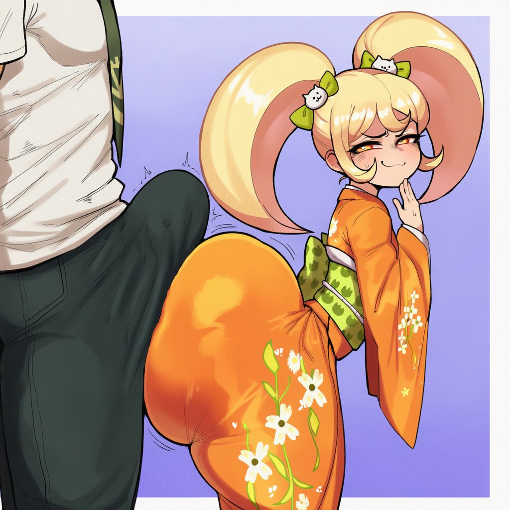 1boy 1girl ai_generated ass assjob big_ass breasts buttjob danganronpa erection erection_under_clothes goghkunn hotdogging huge_ass kimono penis_between_ass penis_on_ass saionji_hiyoko