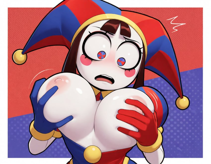 1girl 1girl 1girl 2d ai_generated big_breasts blush blush_stickers breast_expansion breast_growth breast_growth_(enlargement) breasts confused confused_face confused_look cute female_focus grabbing_own_breast jester looking_at_breasts nipple nipples open_mouth pomni pomni_(tadc) pomni_(the_amazing_digital_circus) shocked shocked_expression shocked_eyes shocked_face solo_female standing