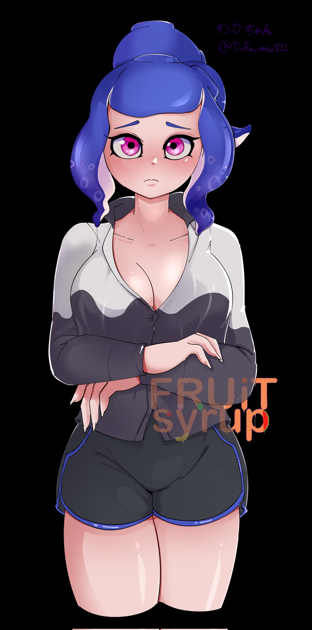 1girl 1girl 1girls artist_name blue_hair breasts button_down_shirt cleavage deleted_in_source dolphin_shorts female_focus fruitsyrup light-skinned_female light_skin looking_at_viewer nintendo octoling octoling_girl pink_eyes ponytail shorts solo_female solo_focus splatoon splatoon_(series) splatoon_3 splatoon_oc tentacle tentacle_hair twitter_link waka-chan_(doro_mizu_831)