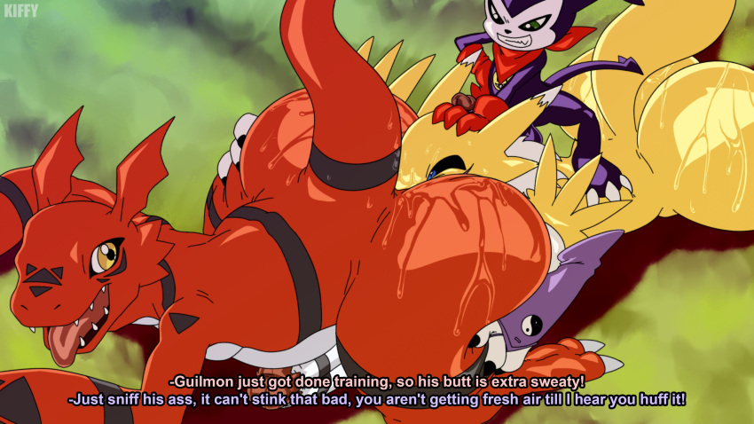 1girl 1girl 2boys 2boys1girl aroused ass_sweat ass_sweat_on_face ass_sweat_on_tongue breasts dominant_male erect erection exercise face_in_ass female_rimming_male foot_on_back guilmon impmon kiffy kiffy220 licking_sweat male manhandling nude nude_female nude_male outside outside post_exercise renamon stepped_on submissive_female sweat tongue_bath