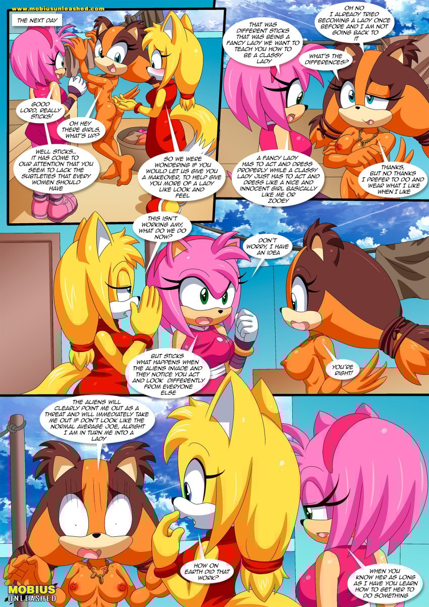 1girl 3_girls amy_rose anthro ass barefoot bbmbbf blush breasts comic dialogue feet female_only mobian_(species) mobius_unleashed nipples nude palcomix pussy releasing_your_inner_wild_side_(comic) sega sega sonic_boom sonic_the_hedgehog_(series) speech_bubble sticks_the_badger zooey_the_fox