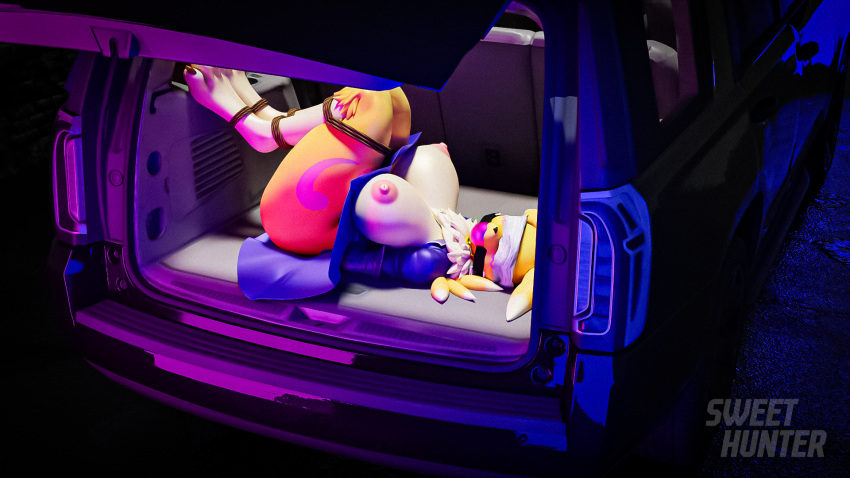 1girl 3d 3d_model 3d_render ass ball_gag bandai_namco blender blindfold breast breasts digimon female fox gag kidnapping neon_light nipples renamon solo street sweet_hunter