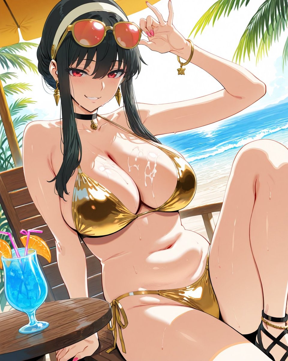 1girl ai_assisted ai_generated beach big_breasts bikini black_hair breasts golden_bikini golden_week looking_at_viewer nail_polish navel pink_nails spy_x_family terta_(hodarake) yor_briar yor_forger