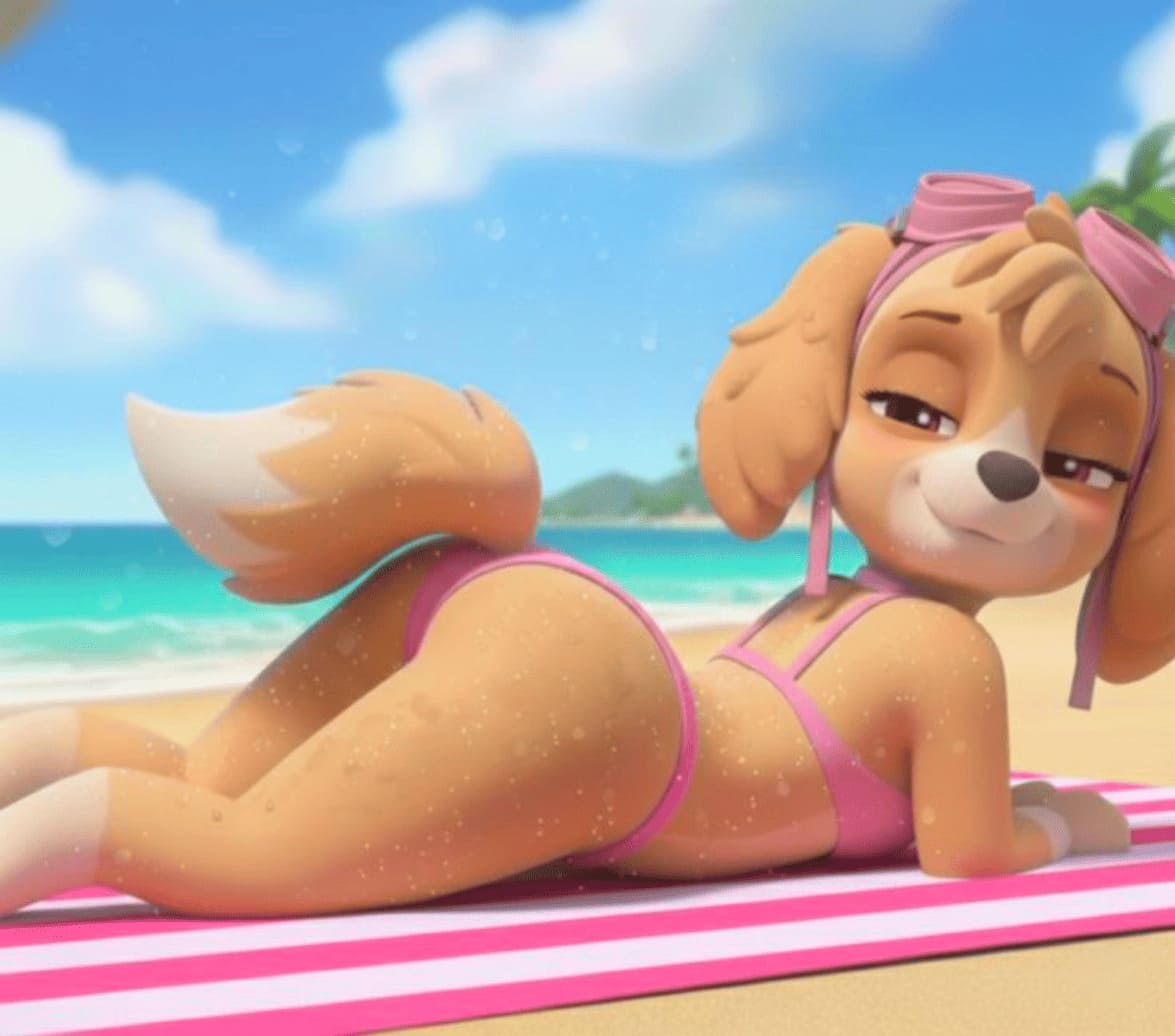 1girl ai_generated anthro ass beach beach_towel bikini breasts brown_eyes brown_fur domestic_dog female_focus furry furry_female goggles_on_head looking_at_viewer naughty_face on_stomach paw_patrol skye_(paw_patrol) tail towel wet