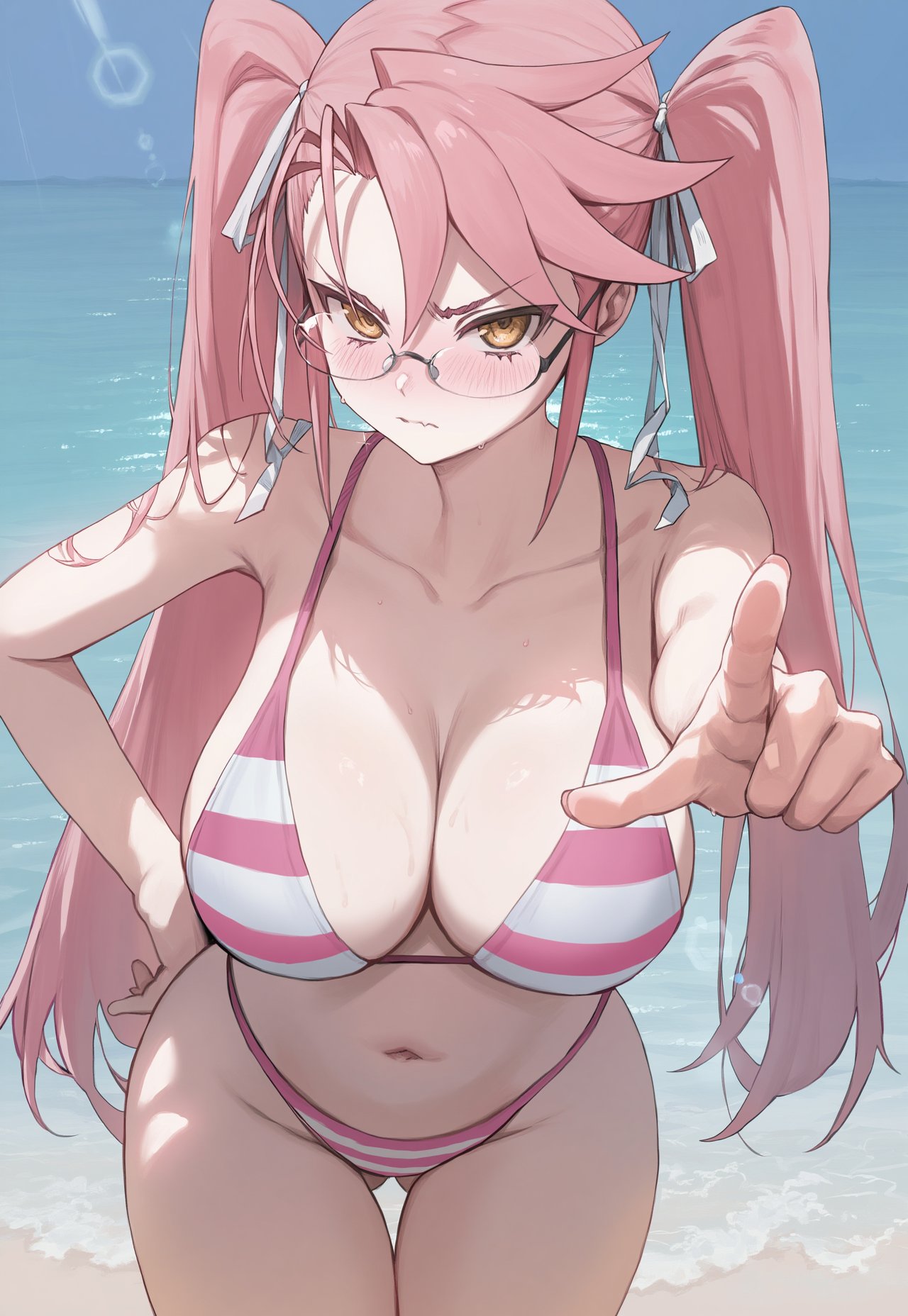 1girl ai_generated ass ass_visible_through_thighs beach big_breasts bikini blush breasts collarbone glasses highschool_of_the_dead light-skinned_female light_skin long_hair looking_at_viewer navel pink_hair pointing pointing_at_viewer saya_takagi sweat sweatdrop swimsuit thick_thighs thighs truck-kun_art twin_tails