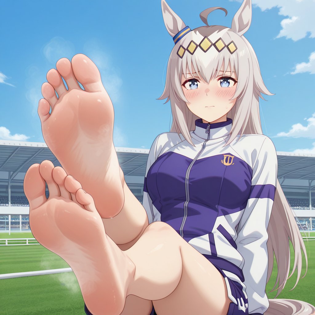 1girl ai_generated barefoot blush breasts clothed clothed_female embarrassed foot_fetish horse_ears horse_girl light-skinned_female light_skin long_hair oguri_cap_(umamusume) outdoors steam thighs uma_musume_-_pretty_derby umamusume