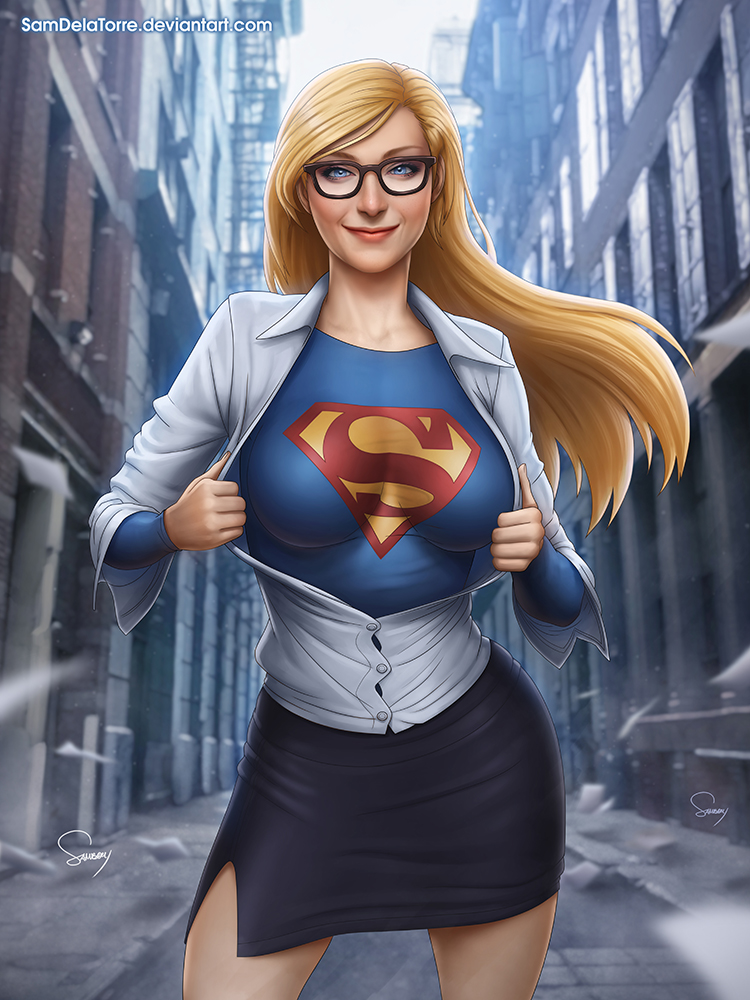 1girl alley bangs bare_legs black-framed_eyewear black_skirt blonde_female blonde_hair blue_clothing blue_eyes blurry breasts building city cityscape closed_mouth collared_shirt day dc_comics dcau depth_of_field female_only female_solo floating_hair glasses grey_shirt half-closed_eyes heroine kara_zor-el kryptonian legs lips lipstick long_hair long_sleeves looking_at_viewer makeup medium_breasts miniskirt naughty_face neck open_clothes open_shirt outside pencil_skirt pink_lipstick sam_delatorre sam_delatorre_(artist) shirt skin_tight skirt smile standing straight_hair supergirl supergirl_(series) superhero_costume superheroine superman_(series) swept_bangs undressing white_shirt