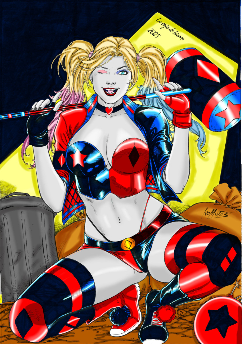 1girl alternate_costume aqua_eyes aqua_hair asymmetrical_boots asymmetrical_eyeshadow asymmetrical_footwear asymmetrical_gloves asymmetrical_legwear asymmetrical_stockings asymmetrical_thighhighs bag bangs batman_(series) big_breasts black_boots black_choker black_footwear black_gloves black_legwear black_nails black_thighhighs blonde_female blonde_hair blue_corset blue_jacket blue_shorts bomb breasts choker clown_girl collarbone corset dc_comics dcau eyeshadow female_only female_solo fingerless_gloves footwear full_body gloves gradient gradient_hair hair_ornament hammer hands_up harleen_quinzel harley_quinn heart heart_choker heart_necklace holding holding_hammer holding_mallet holding_weapon jacket jewelry legs leomatos leomatos_(artist) lips lipstick long_hair looking_at_viewer lower_teeth makeup mallet medium_breasts midriff multicolored_clothes multicolored_corset multicolored_hair multicolored_jacket multicolored_shorts nail_polish naughty_face navel neck necklace one_eye_closed open_mouth pale_skin parted_bangs pink_eyeshadow pink_hair pink_hair_ornament purple_eyeshadow red_boots red_corset red_footwear red_gloves red_jacket red_legwear red_lipstick red_shorts red_thighhighs revealing_clothes round_teeth short_shorts short_sleeves shorts smile spread_legs squatting stockings strapless supervillainess teeth thighs three-tone_hair tied_hair tongue trash_can twin_tails two-tone_corset two-tone_shorts upper_teeth villainess weapon white_skin wink