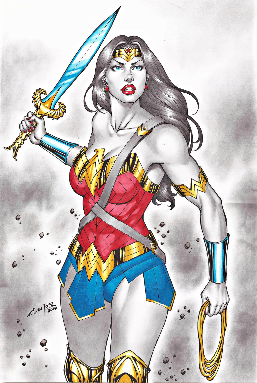 1girl amazon angry armlet bangs bare_arms bare_legs bare_shoulders big_breasts black_hair blue_eyes blue_skirt bracer breasts carlos_braga cleavage clenched_teeth collarbone dc_comics dcau diana_prince earrings female_focus female_only greaves heroine holding holding_object holding_sword holding_weapon jewelry justice_league justice_league_unlimited lasso_of_truth legs lips lipstick long_hair looking_to_the_side looking_up makeup medium_breasts miniskirt nail_polish neck parted_bangs parted_lips red_earrings red_lipstick red_nails red_tubetop round_teeth serious simple_background skirt standing star star_(symbol) straight_hair strapless superhero_costume superheroine sword teeth themysciran thighs tiara tubetop weapon white_background wonder_woman wonder_woman_(series)