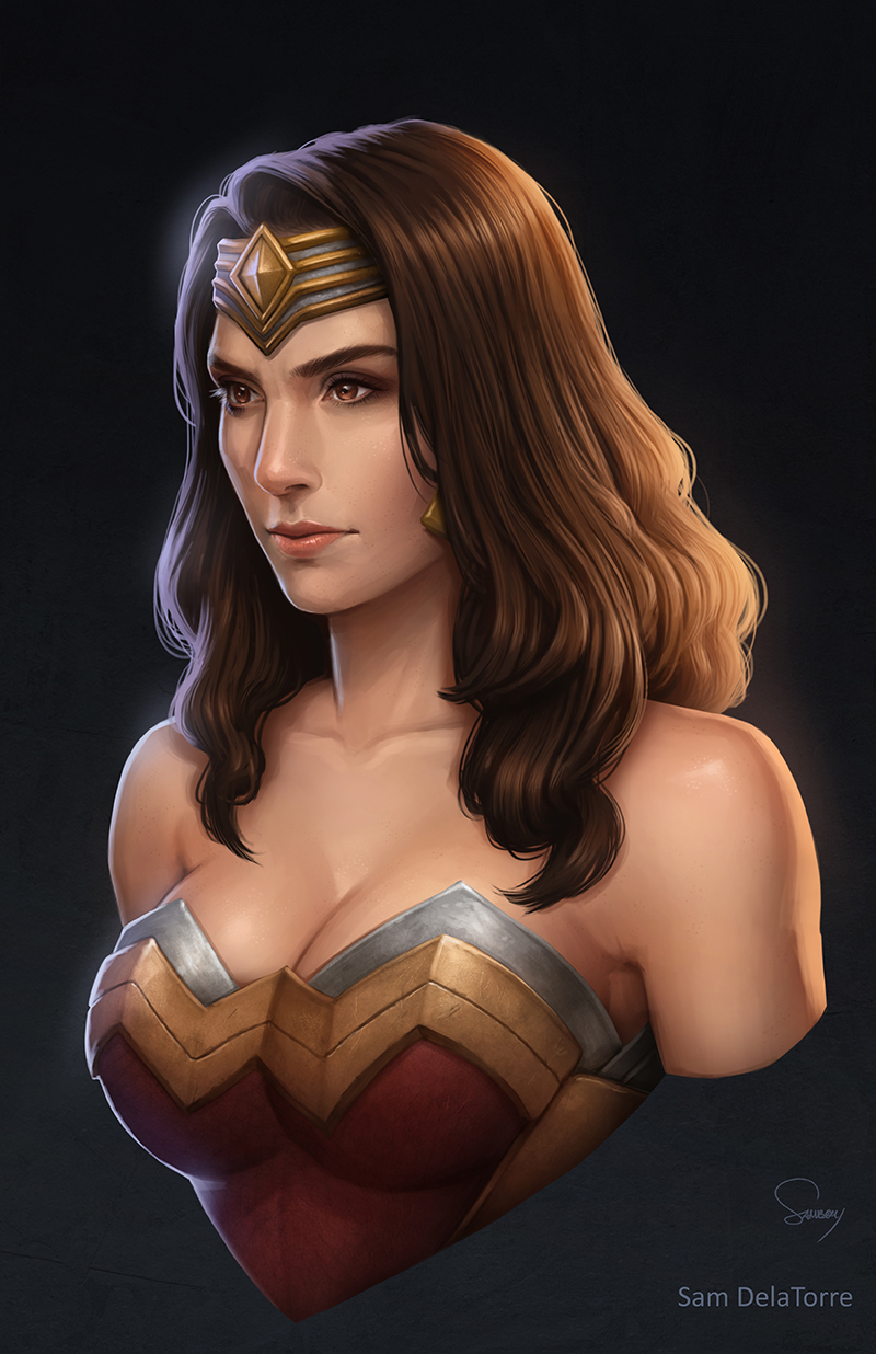 1girl amazon armor arms_at_sides bangs bare_shoulders big_breasts black_background black_hair breasts brown_eyes cleavage closed_mouth collarbone dc_comics dcau diana_prince female_only female_solo heroine leotard lips lipstick long_hair looking_to_the_side makeup medium_breasts neck parted_bangs pink_lipstick red_leotard sam_delatorre sam_delatorre_(artist) serious straight_hair strapless strapless_leotard superhero_costume superheroine themysciran upper_body wonder_woman wonder_woman_(series)
