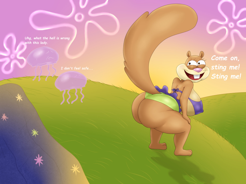 1girl anthro ass bent_over big_ass big_breasts big_tail bra breasts brown_fur clothing dat_ass dialogue eyelashes fat_ass female fluffy_tail fur furry furry_female furry_only grass green_panties huge_ass huge_breasts jellyfish large_ass looking_back looking_back_at_another lurkingtyger mammal marine nickelodeon open_mouth outside panties purple_bra purple_skirt rodent sandy_cheeks sciurid skirt spongebob_squarepants squirrel tail text thick_ass underwater