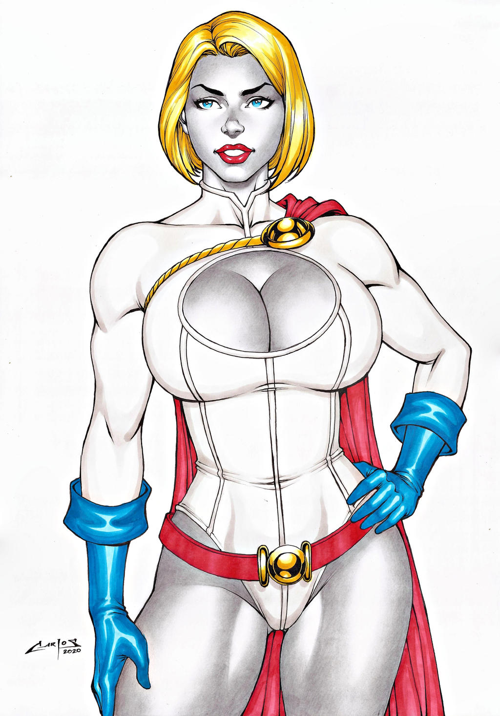 1girl arm_at_side bangs bare_legs belt big_breasts blonde_female blonde_hair blue_eyes blue_gloves bob_cut breasts cape carlos_braga cleavage_cutout clothing_cutout dc_comics dcau female_only female_solo gloves grin hand_on_hip hand_on_leg hand_on_own_leg hand_on_own_thigh hand_on_thigh highleg highleg_leotard justice_league justice_league_unlimited justice_society_of_america legs leotard lips lipstick looking_at_viewer makeup mound_of_venus muscle muscular muscular_female naughty_face neck parted_bangs parted_lips power_girl red_belt red_cape red_lipstick short_hair simple_background skin_tight smile spread_legs standing superman/batman:_public_enemies thighs white_background white_leotard