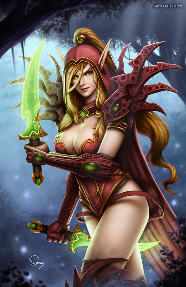 1girl armor bangs blizzard_entertainment blonde_female blonde_hair breasts cleavage cleavage_cutout closed_mouth clothing_cutout crossed_legs crossed_legs_(standing) dual_wielding elf female_only female_solo forest green_eyes hair_between_eyes half-closed_eyes high_ponytail holding holding_sword holding_weapon hood jewelry legs leotard light_particles lips lipstick long_hair looking_at_viewer makeup medium_breasts nature naughty_face necklace outside pink_lipstick pointy_ears ponytail red_hood red_leotard revealing_clothes sam_delatorre sam_delatorre_(artist) smile standing straight_hair swept_bangs sword tied_hair tree valeera_sanguinar very_long_hair warcraft weapon world_of_warcraft