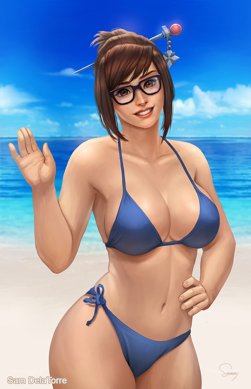 1girl bare_legs bare_shoulders beach big_breasts bikini black-framed_eyewear blizzard_entertainment blue_bikini blue_swimsuit breasts brown_eyes brown_hair cleavage cloud collarbone day female_only female_solo glasses grin hair_ornament hair_stick hand_on_hip hand_up legs lips lipstick looking_at_viewer makeup mei_(overwatch) midriff navel neck ocean outside overwatch parted_lips sam_delatorre sam_delatorre_(artist) sand short_hair side-tie_bikini sky smile standing swimsuit thighs water waving waving_at_viewer