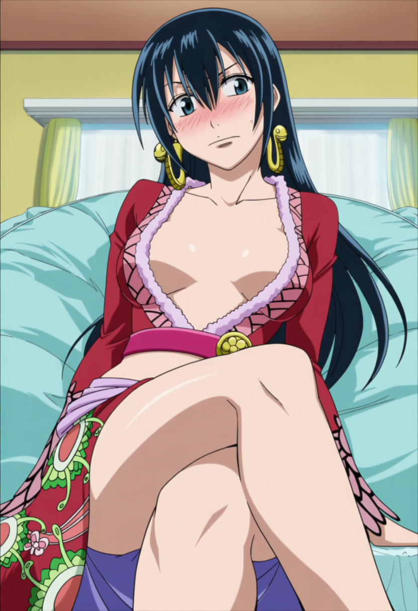 1girl beelzebub_(manga) black_hair blue_eyes blush boa_hancock_(cosplay) breasts breasts_apart cleavage collarbone crossed_legs dress earrings hair_between_eyes indoors jewelry kunieda_aoi long_hair looking_at_viewer medium_breasts midriff one_piece shiny shiny_hair shiny_skin sitting sweatdrop trewg001
