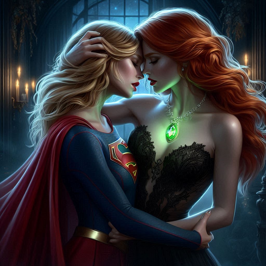 2_girls arm_grab bangs bare_arms bare_shoulders black_dress blonde_female blonde_hair blue_shirt breasts candle candles cape character_request closed_eyes collarbone couple dc_comics dcau dress duo earrings emerald emerald_(gem) eyeshadow female/female female_only femdom femsub forehead-to-forehead gem gemstone gloves grabbing grabbing_another's_arm grabbing_another's_head green_gem green_gemstone hand_on_another's_arm hand_on_another's_head head_down head_grab height_difference heroine incipient_kiss indoors jewelry kara_zor-el kryptonian kryptonite lezdom lips lipstick long_hair long_sleeves love makeup medium_breasts multiple_girls mutual_yuri neck necklace open_mouth pleated_skirt red_cape red_hair red_lipstick red_skirt romantic romantic_couple shirt skirt small_breasts standing straight_hair strapless strapless_dress supergirl supergirl_(series) superhero_costume superheroine superman_(series) swept_bangs thesupergirlfan thesupergirlfan_(artist) villainess vulnerable wavy_hair window yuri