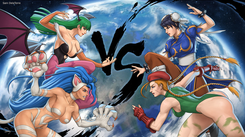 4girls angry aqua_hair ass bare_shoulders battle big_ass big_breasts blonde_female blonde_hair blue_dress blue_hair breasts brown_hair brown_legwear brown_pantyhose cammy_white capcom cat_girl china_dress chun-li closed_mouth collarbone company_connection crossover darkstalkers demon_girl dress eye_contact felicia_(darkstalkers) female_only green_leotard legwear leotard long_hair looking_at_another medium_breasts morrigan_aensland multiple_girls naughty_face neck pantyhose puffy_short_sleeves puffy_sleeves revealing_clothes sam_delatorre sam_delatorre_(artist) short_hair short_sleeves smile street_fighter