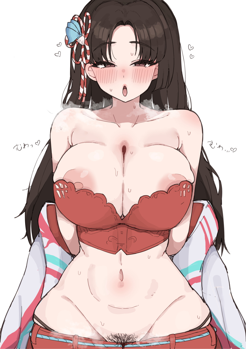 1girl 1girl 1girls absurd_res aroused bare_shoulders big_breasts blush breasts breasts_squeezed_together brown_eyes brown_hair bustier clothes_pull eyes_visible_through_hair fatal_fury female_focus female_only female_pubic_hair futon_infinity hair_ornament haori heart heavy_breathing high_res huge_breasts human human_female human_only japanese_clothes king_of_fighters light-skinned_female light_skin long_hair mai_shiranui mai_shiranui_(street_fighter_6) nechigae_otaku nipple_slip nipples off_shoulder official_alternate_costume official_alternate_hairstyle open_mouth panties pants pants_pull panty_peek pixiv_link pubic_hair pubic_hair_peek red_bustier red_pants simple_background snk solo_female steam steaming_body street_fighter street_fighter_6 sweat underwear white_background wide_hips