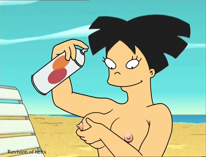 1girl 1girl amy_wong black_hair breasts day female_only futurama helix holding_object human matt_groening_(style) nipples outside short_hair smile spray-on_bikini tagme tan_skin toony