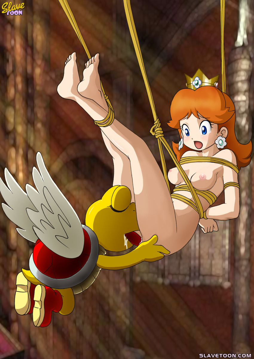 1girl ambiguous_gender bbmbbf bondage female high_resolution indoors koopa koopa_troopa legs_up licking_pussy mario_(series) nintendo nipples nude open_mouth oral palcomix paratroopa princess_daisy pussylicking restrained rope_bondage scared slavetoon straight super_mario_land suspended_in_midair
