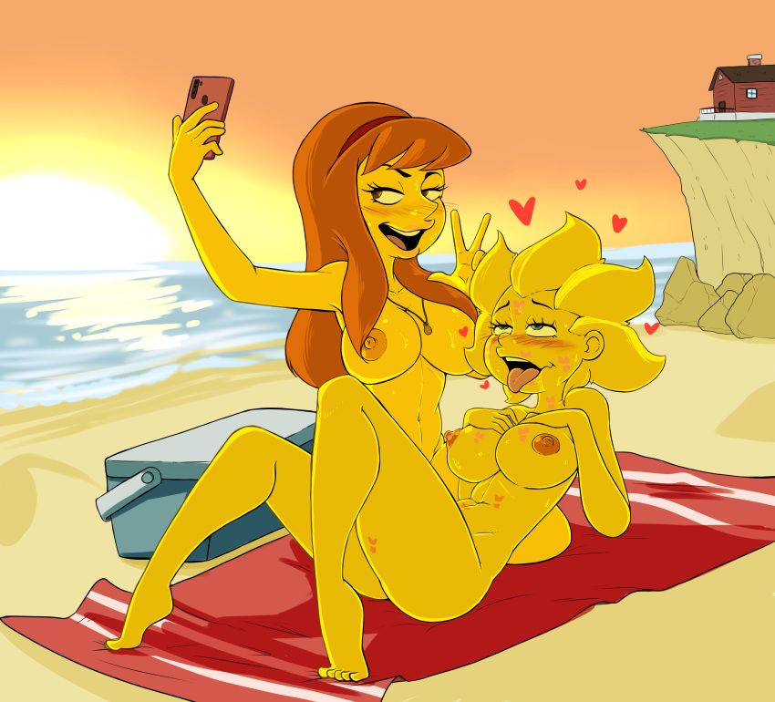 20th_century_studios 2girls aged_up ahe_gao allison_taylor beach big_breasts blonde_hair blush breasts brown_hair cellphone completely_nude completely_nude_female disney eyes_rolling_back female female_focus female_only kiss_mark lisa_simpson long_hair multiple_girls necklace nipples nude selfpic slashysmiley sunset the_simpsons yellow_body yellow_skin young younger_female yuri