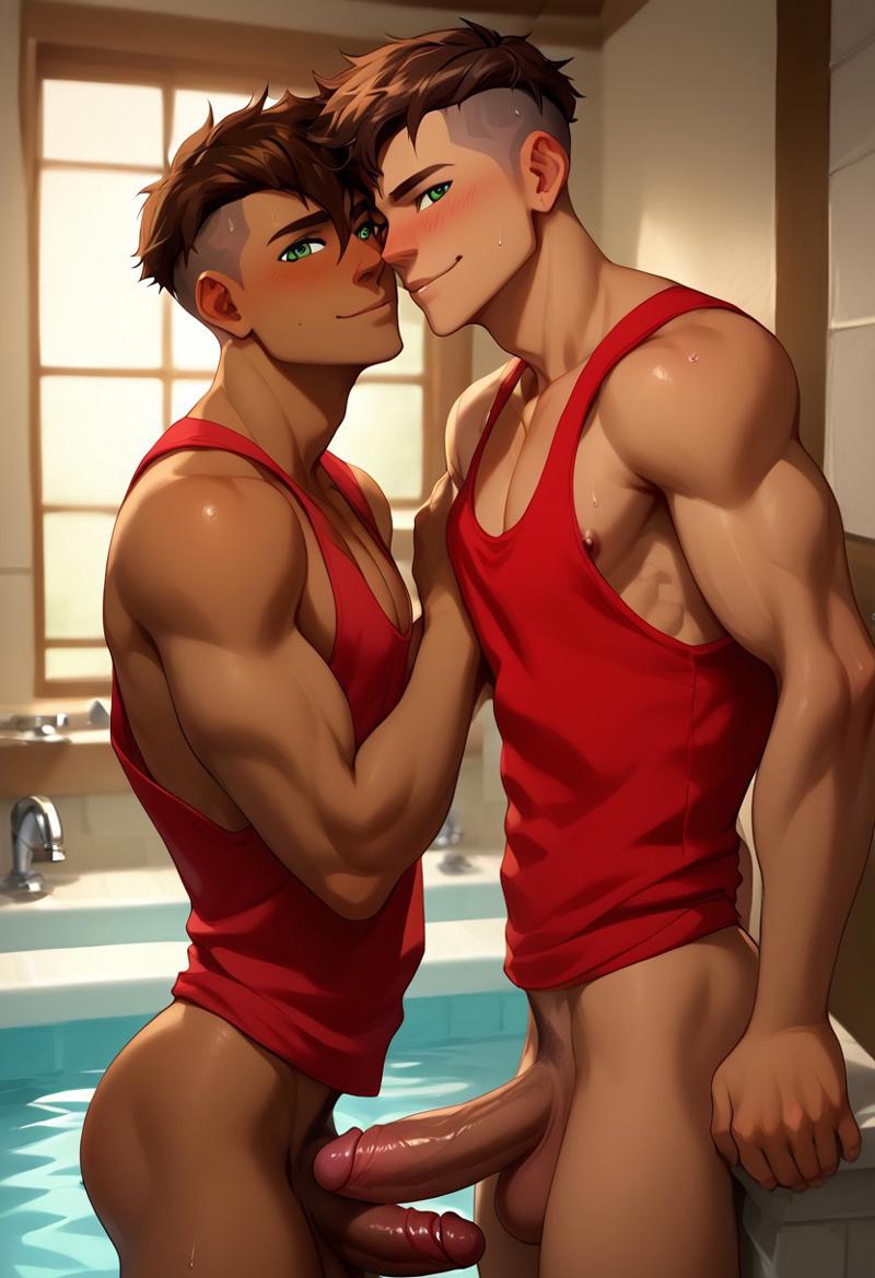 2boys ai_generated avatar_legends balls biceps big_balls big_penis blush brown_hair brown_skin erection foreskin green_eyes kai_(avatar) looking_at_viewer male male/male male_only muscular muscular_male nickelodeon nicktoons nipples nude nude_male pecs penis smile tank_top the_legend_of_korra toned toned_body toned_male twall97 uncircumcised undercut yaoi