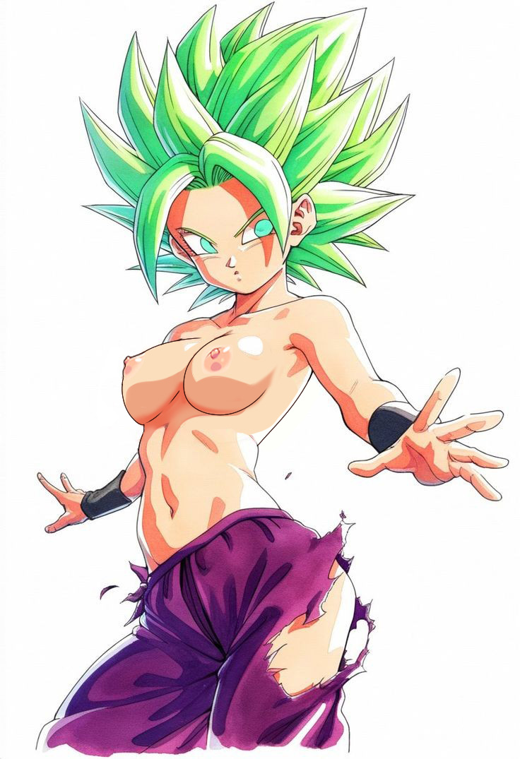 blonde_hair caulifla dragon_ball_super green_eyes medium_breasts nekom14 nipples super_saiyan topless torn_clothes