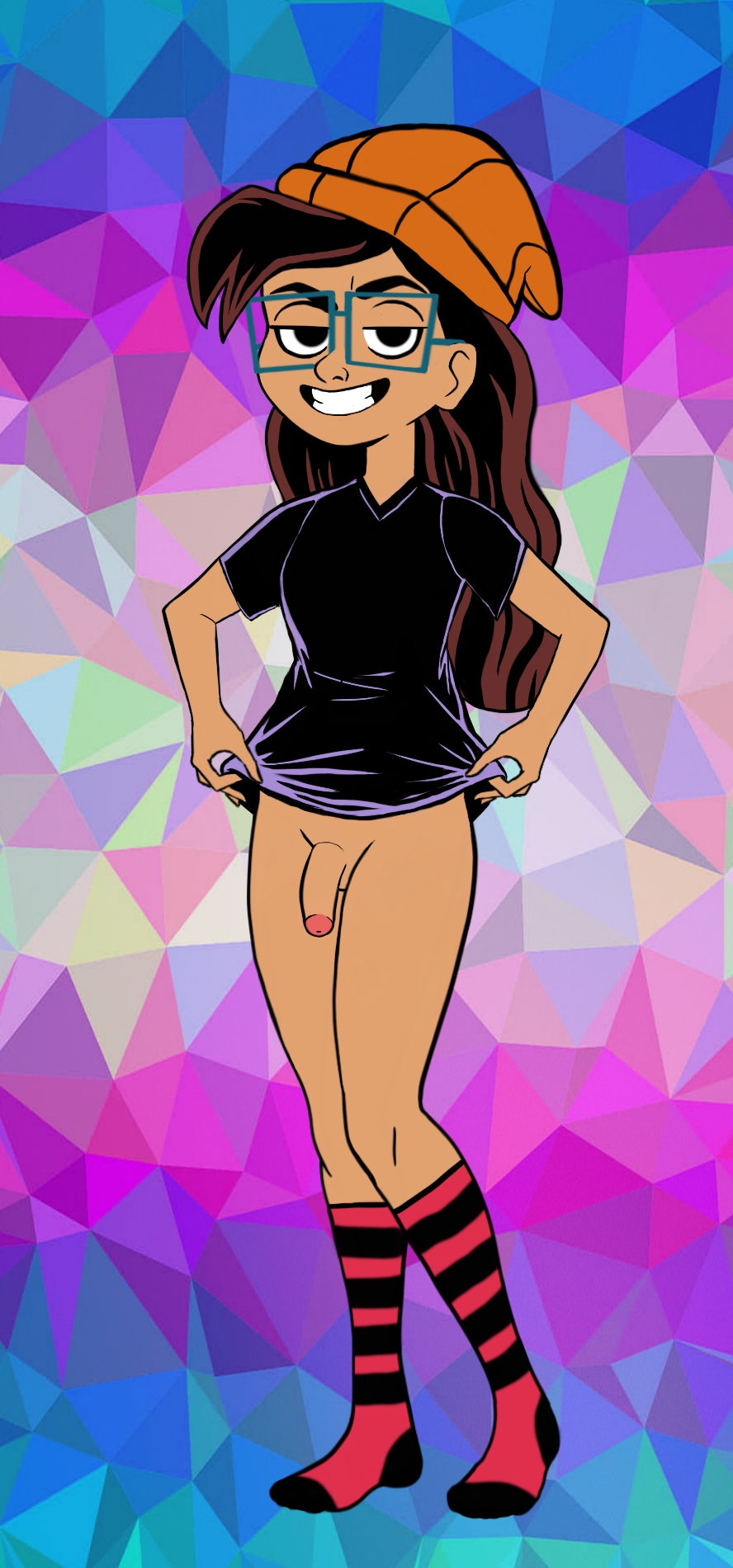 1futa 1girl beanie beauteouscalithea black_hair bottomless cecilia_(moon_girl_and_devil_dinosaur) clothed clothing dickgirl disney first_porn_of_character flaccid futa_only futanari glasses human lifting_shirt marvel moon_girl_and_devil_dinosaur no_pants partially_clothed penis raised_eyebrow self_upload shirt smug smug_face socks standing thighs transgender_pride_colors