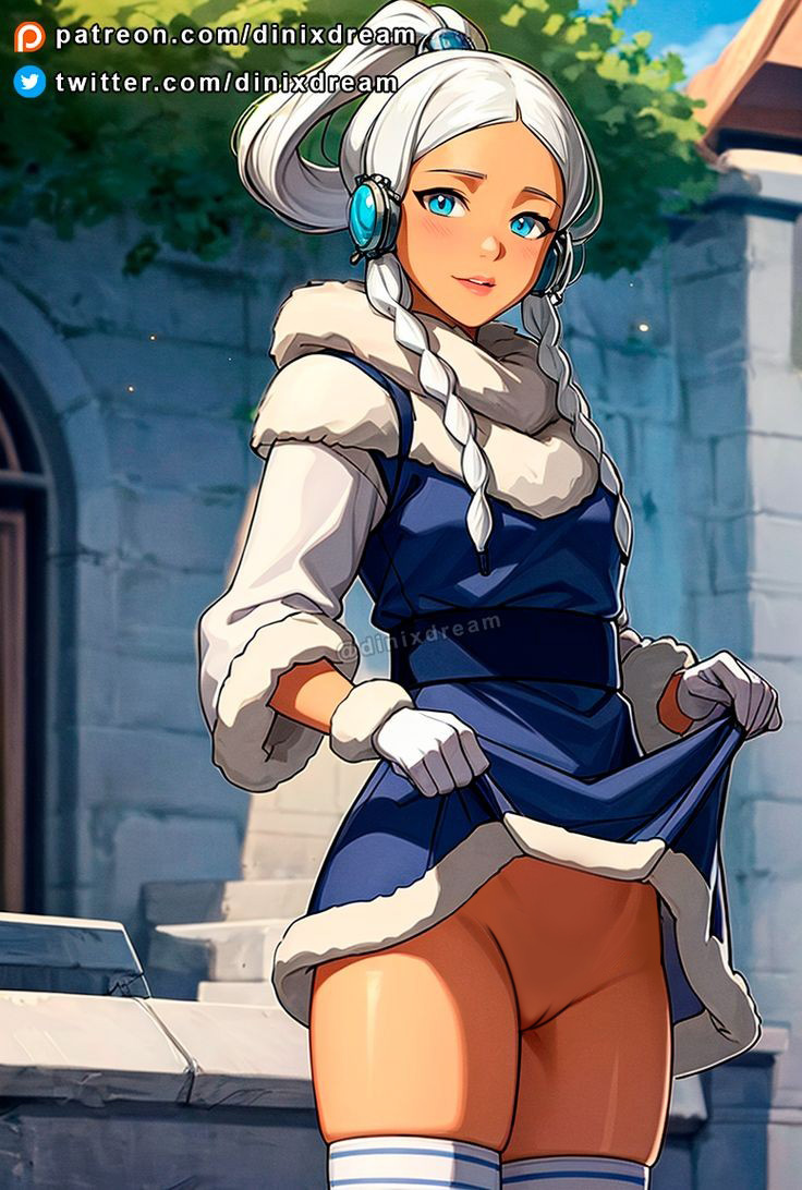 avatar:_the_last_airbender blue_eyes bottomless dark_skin lifted_by_self long_hair looking_at_viewer nekom14 no_panties pussy skirt_lift twin_braids white_hair yue_(avatar)