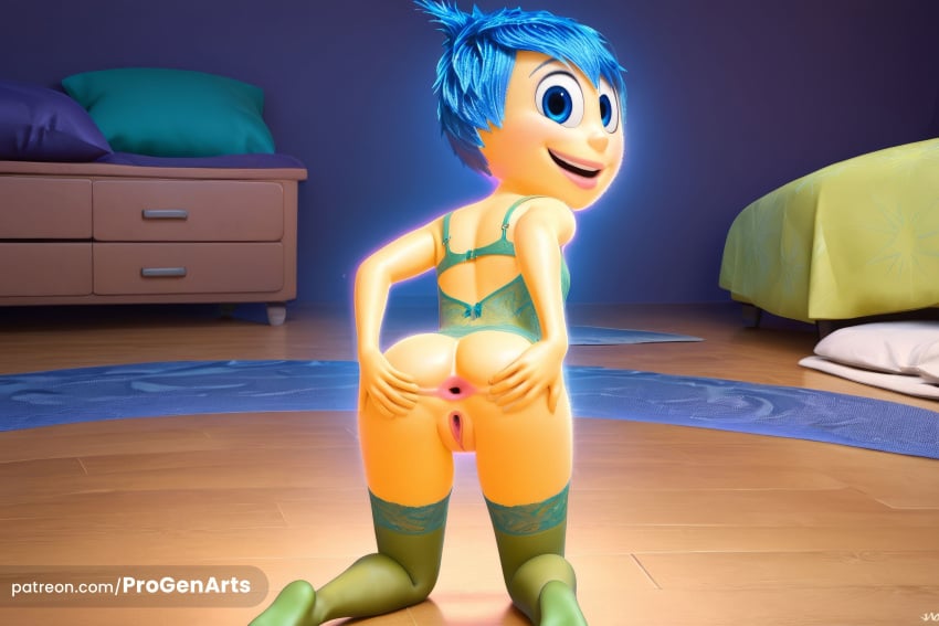 1girl 1girl 1girl ai_generated anus ass bed bedroom blue_eyes blue_hair bottomless bra disney female_only from_behind green_thighhighs high_res indoors inside_out inside_out_2 joy_(inside_out) kneel looking_at_viewer looking_back open_mouth pillow pixar presenting progenarts pussy short_hair smile spread_pussy stockings uncensored underwear web_address wooden_floor