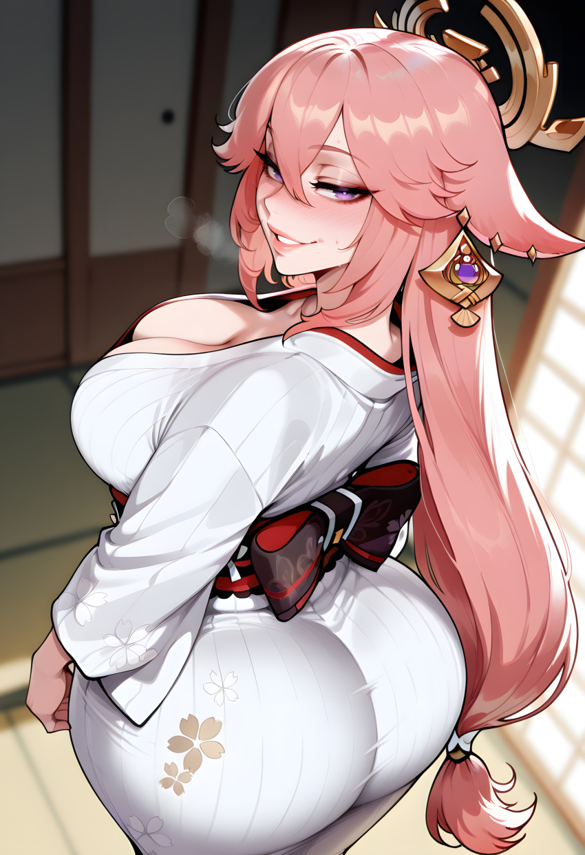 1girl ai_generated animal_ears ass curvy curvy_female curvy_figure genshin_impact kimono long_hair pink_hair yae_miko_(genshin_impact)