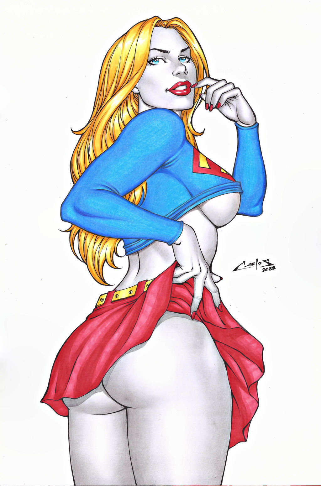 1girl ass bangs bare_legs big_ass big_breasts blonde_female blonde_hair blue_eyes blue_shirt breasts carlos_braga dc_comics dcau female_only female_solo from_behind grin hand_up heroine kara_zor-el kryptonian legs legs_together lips lipstick long_hair long_sleeves looking_at_viewer looking_back makeup midriff miniskirt nail_polish naughty_face neck parted_bangs parted_lips pleated_skirt red_lipstick red_nails red_skirt shirt sideboob simple_background skirt smile standing straight_hair supergirl supergirl_(series) superhero_costume superheroine superman_(series) thighs under_boob upskirt white_background