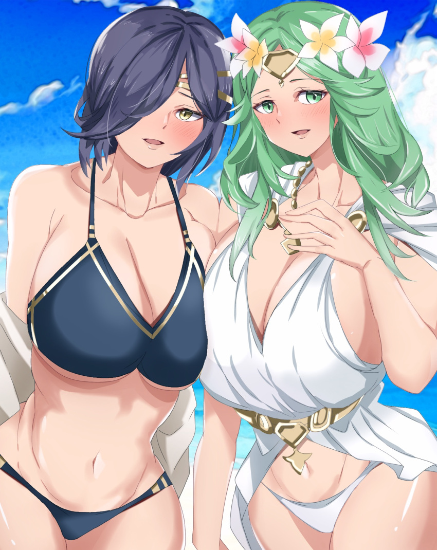 1girl 2_girls alluring alternate_breast_size alternate_costume alternate_version_available asymmetrical_docking bare_midriff bare_shoulders bare_thighs beach big_breasts big_breasts bikini blue_bikini blue_hair blue_swimsuit breast_press cleavage collarbone female_only fire_emblem fire_emblem:_three_houses fire_emblem_heroes flower green_eyes green_hair hair_over_one_eye hourglass_figure intelligent_systems kiran_(fire_emblem) kiran_(fire_emblem)_(female) long_hair looking_at_viewer midriff multiple_girls nintendo ocean official_alternate_costume outside rhea_(fire_emblem) rhea_(summer)_(fire_emblem) short_hair shoulders smile swimsuit thick_thighs thighs toshimasa under_boob white_bikini white_swimsuit wide_hips