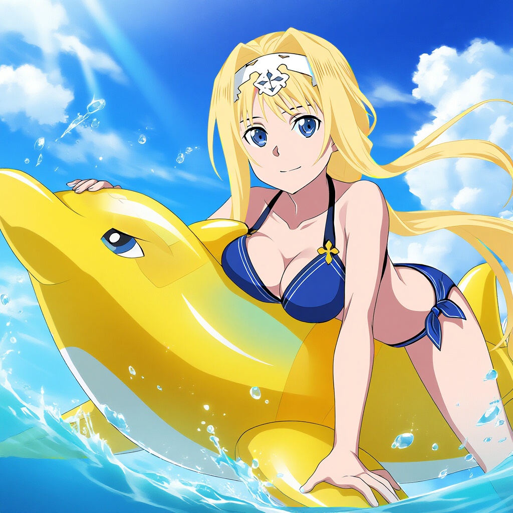 1girl alice_schuberg alluring big_breasts blonde_hair blue_eyes cleavage goldhopper inflatable_dolphin ocean pin_up sword_art_online