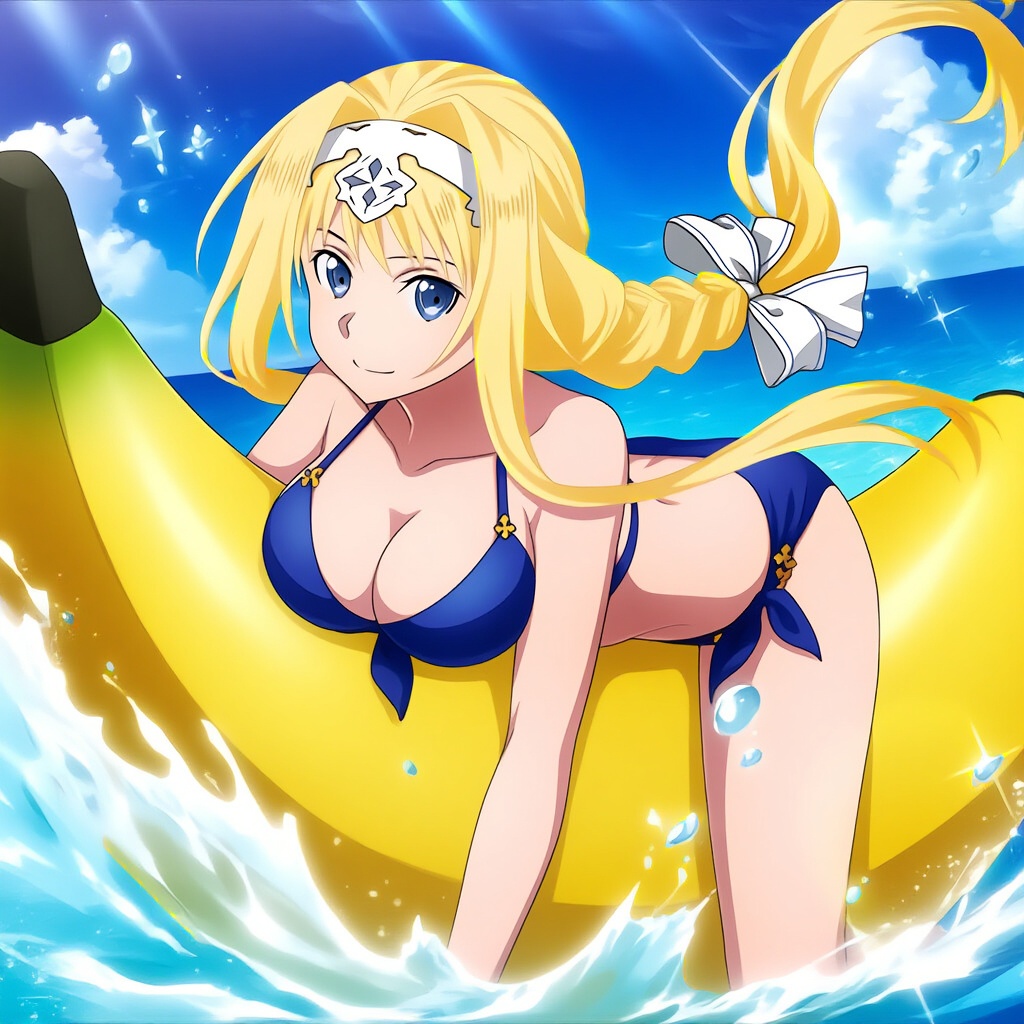 1girl alice_schuberg alluring big_breasts blonde_hair blue_eyes cleavage goldhopper inflatable_banana ocean pin_up sea sword_art_online