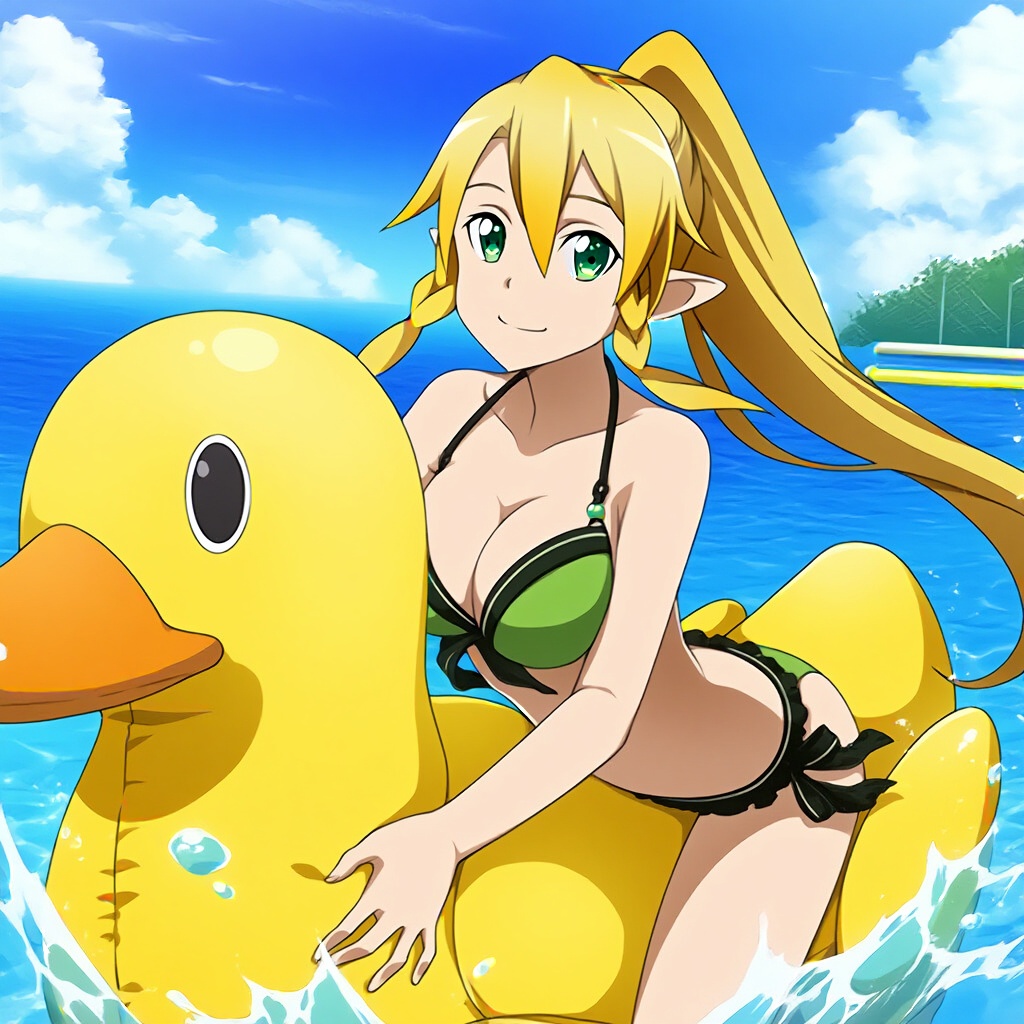 1girl alluring big_breasts blonde_hair cleavage goldhopper green_eyes inflatable_duck leafa ocean pin_up sea sword_art_online