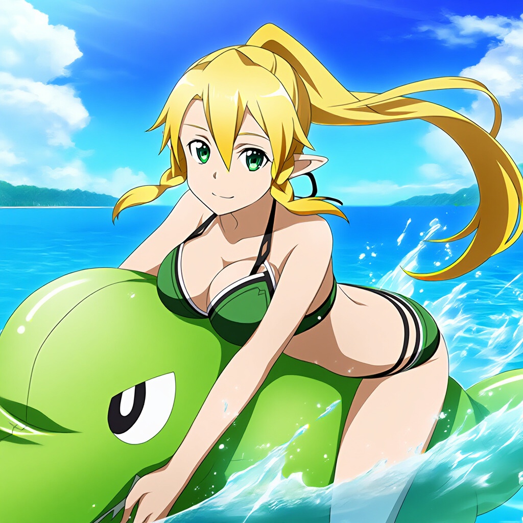 1girl alluring big_breasts blonde_hair cleavage goldhopper green_eyes inflatable_alligator leafa ocean pin_up sea sword_art_online