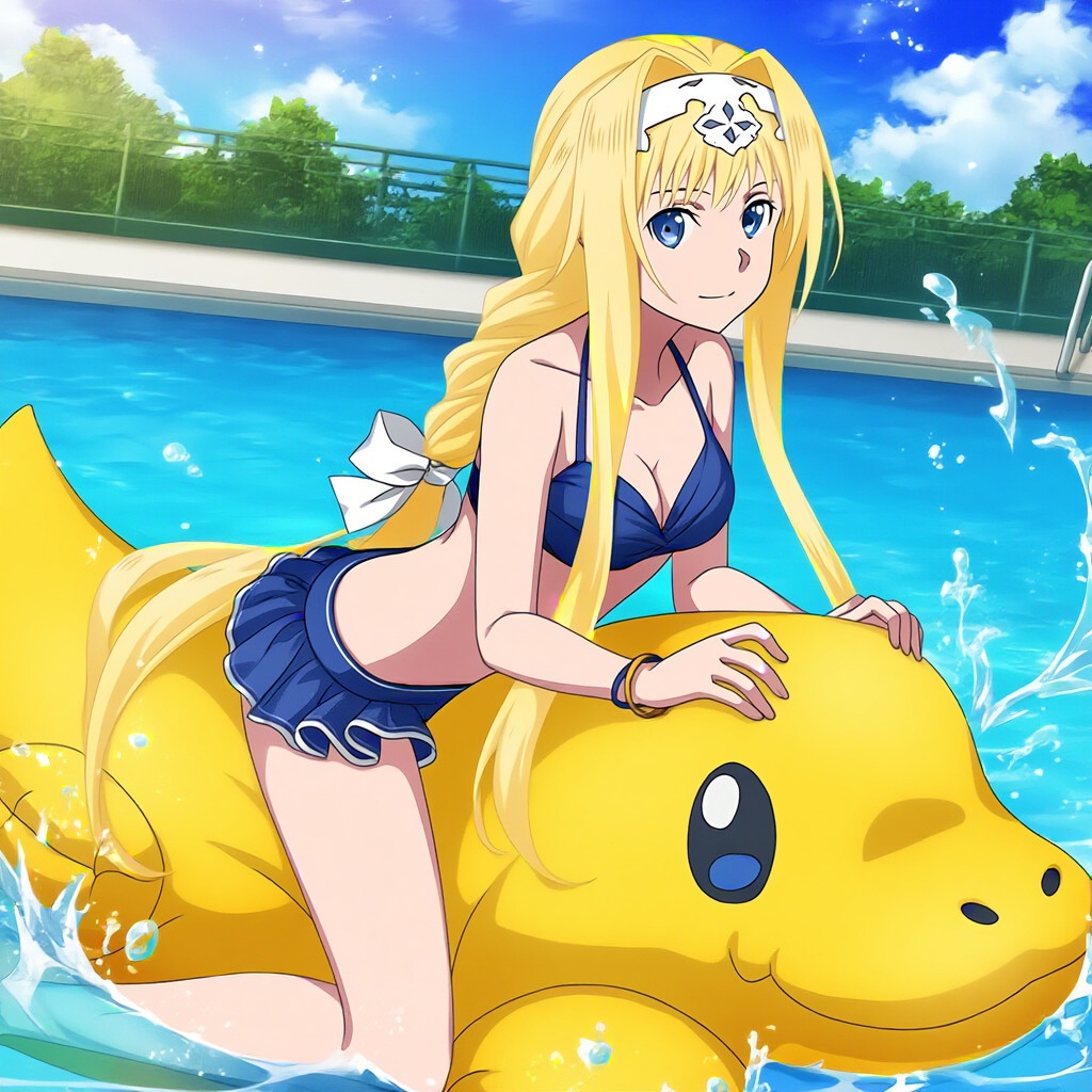 1girl alice_schuberg alluring big_breasts blonde_hair blue_eyes cleavage goldhopper inflatable_alligator pin_up swimming_pool sword_art_online